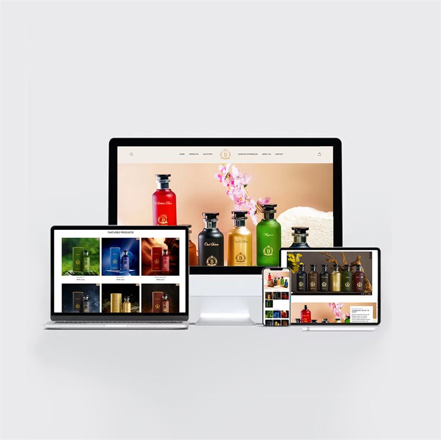 Fragrance e-commerce store designed by Ignite Media, shown on laptop, tablet and phone